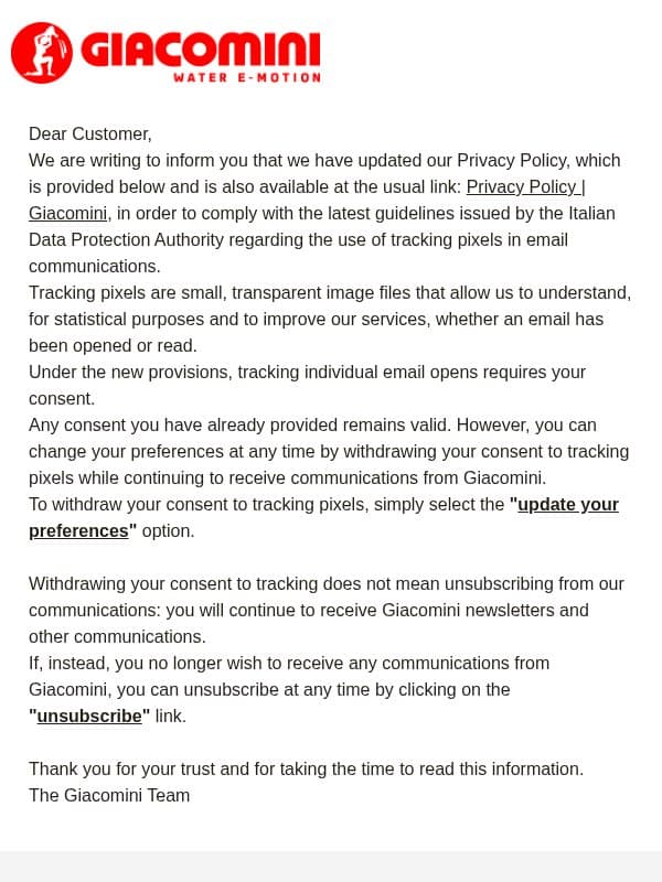 Customer Privacy Notice Update – Giacomini S.p.A. email from Giacomini
