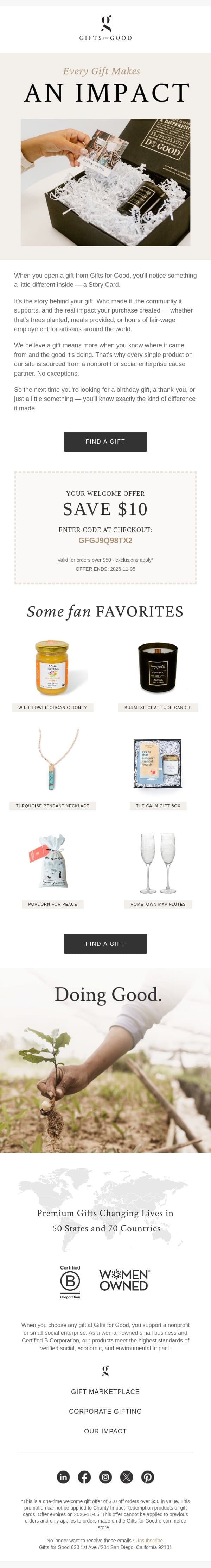 Your gift makes an impact 🎁 email from Gifts for Good screenshot