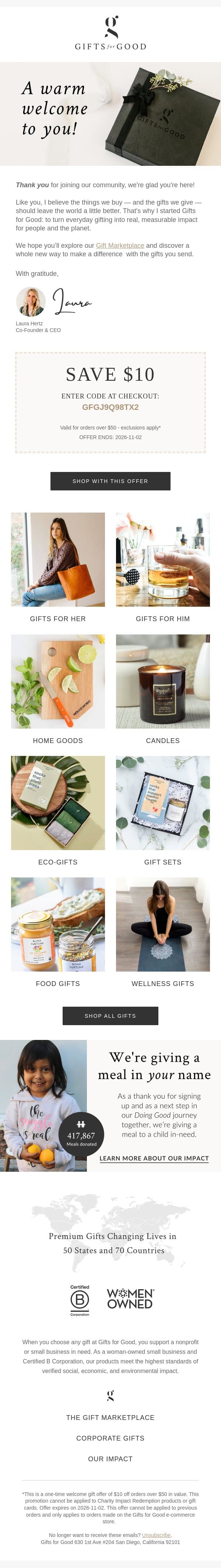 Welcome to Gifts for Good! email from Gifts for Good screenshot
