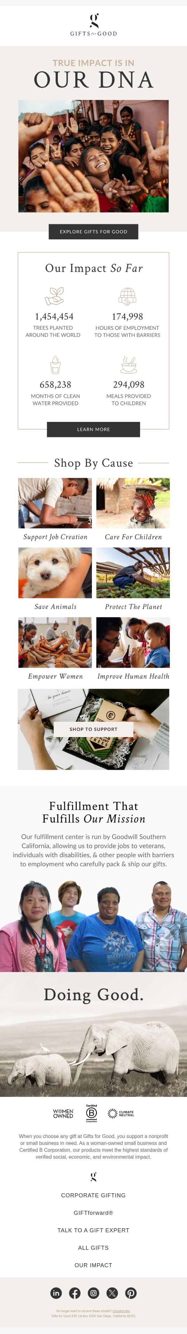 Transforming lives, one gift at a time email from Gifts for Good screenshot