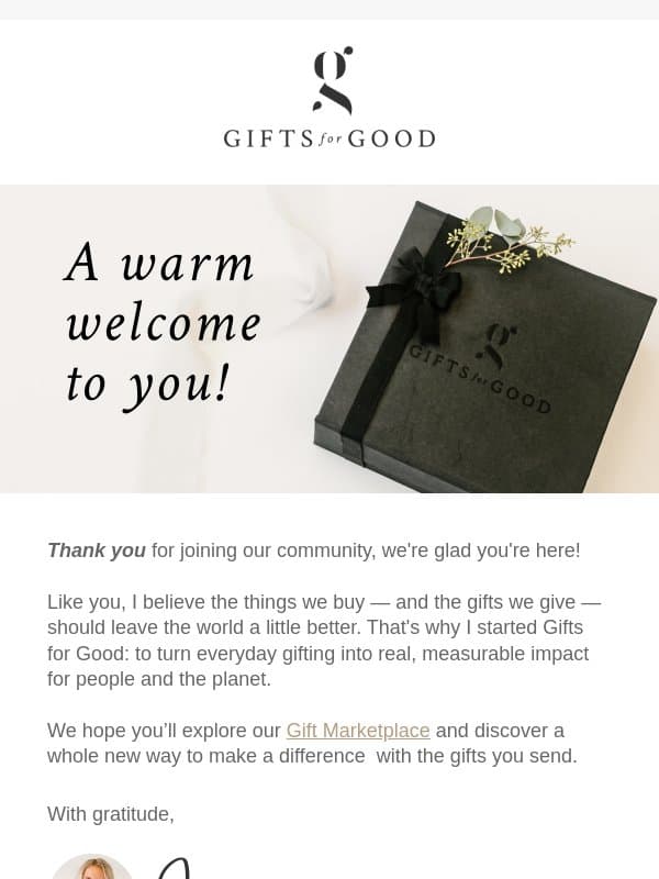Welcome to Gifts for Good! email from Gifts for Good