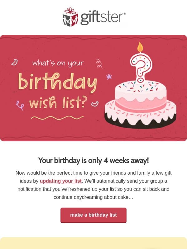 Reminder: Update your birthday wish list on Giftster email from Giftster