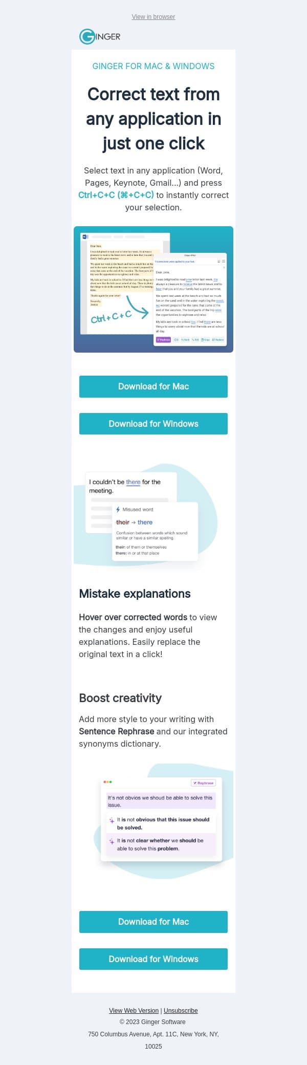 Download Ginger for Mac & Windows email from Ginger Software screenshot