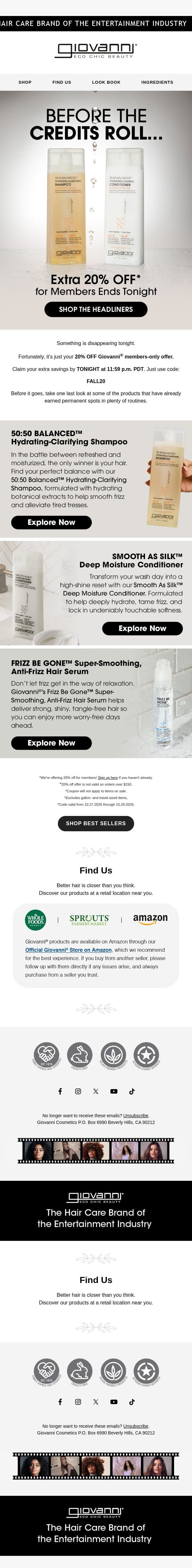 🚨 Ends Tonight: 20% OFF* for Members! email from Giovanni Cosmetics screenshot