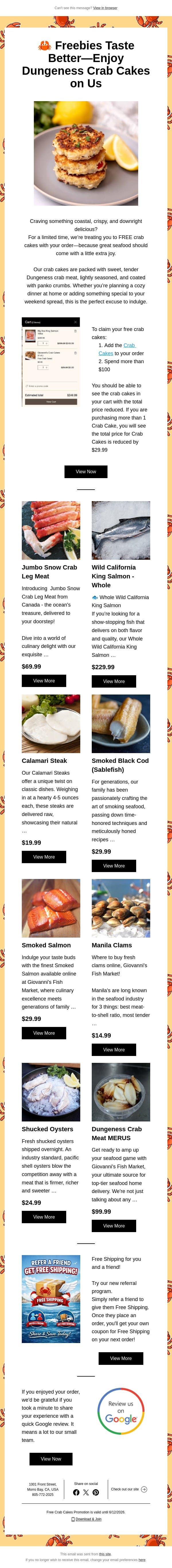 Sweet Crab. Crispy Perfection. On Us. email from Giovanni's Fish Market screenshot