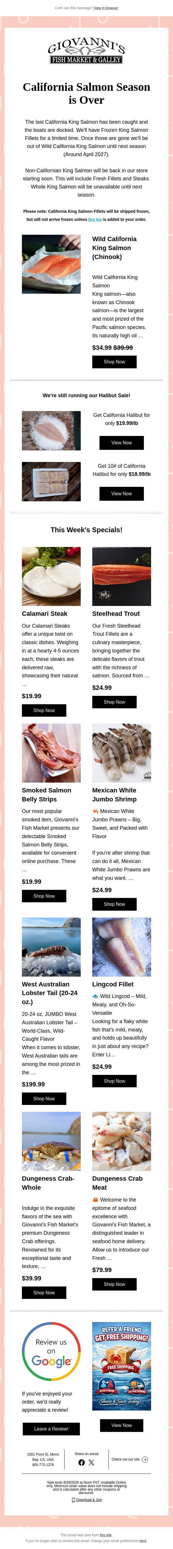 Last Chance for Wild California King Salmon email from Giovanni's Fish Market screenshot