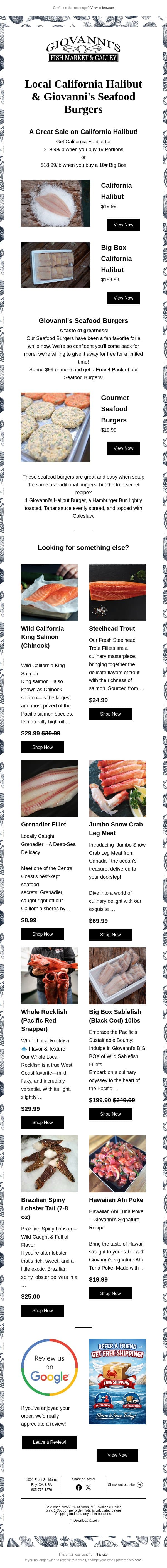 Halibut, Burgers, and Halibut Burgers! email from Giovanni's Fish Market screenshot