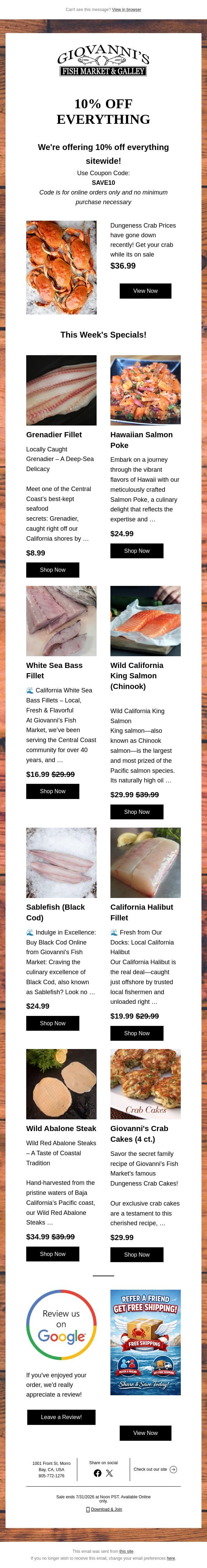 Hook, Line & Savings: 10% OFF Sitewide email from Giovanni's Fish Market screenshot
