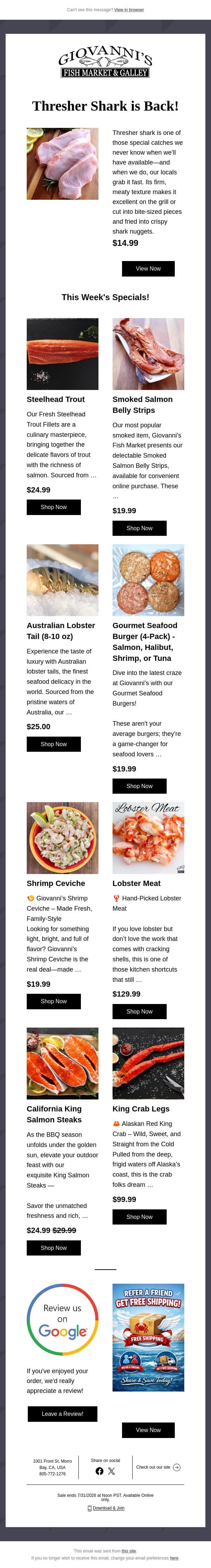 Limited Catch: Wild Thresher Shark Is In! email from Giovanni's Fish Market screenshot