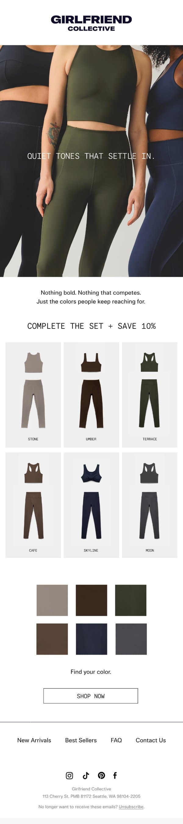 Find your color. Complete the set. email from Girlfriend Collective screenshot
