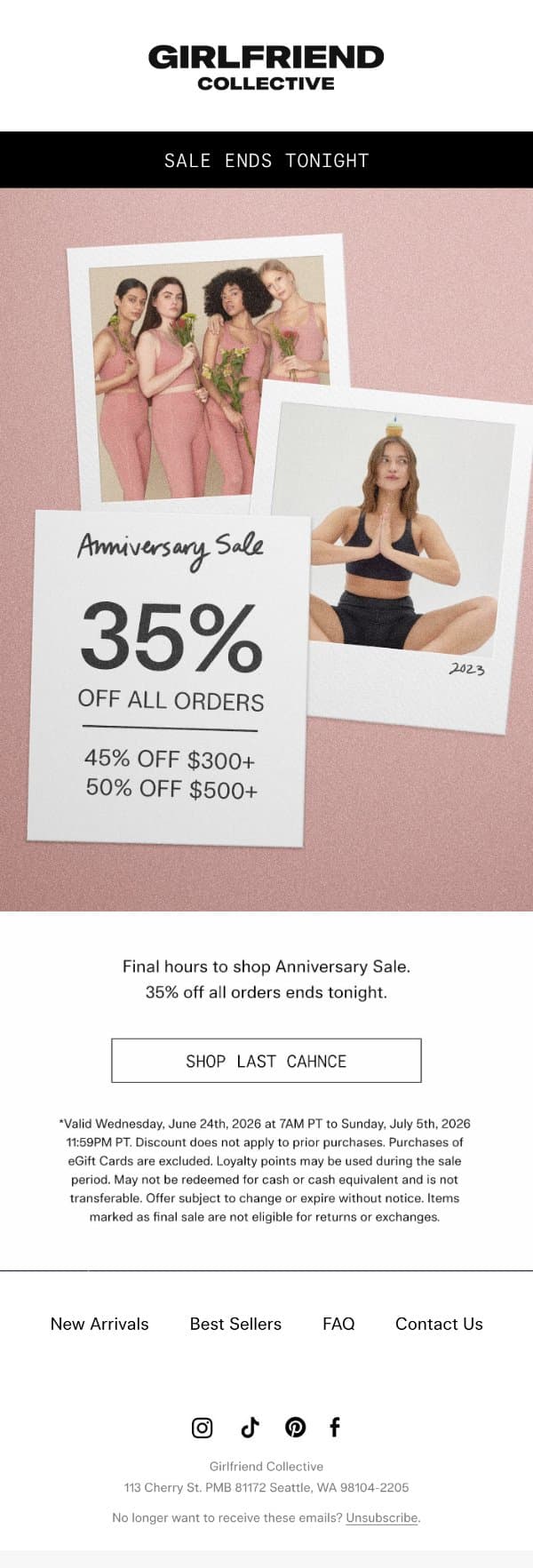 Ends tonight: 35% off all orders email from Girlfriend Collective screenshot