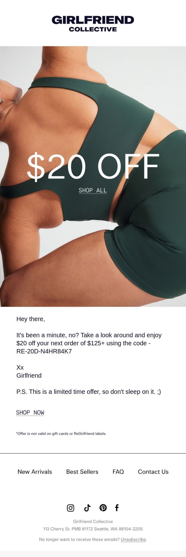 Your $20 Off is Inside email from Girlfriend Collective screenshot
