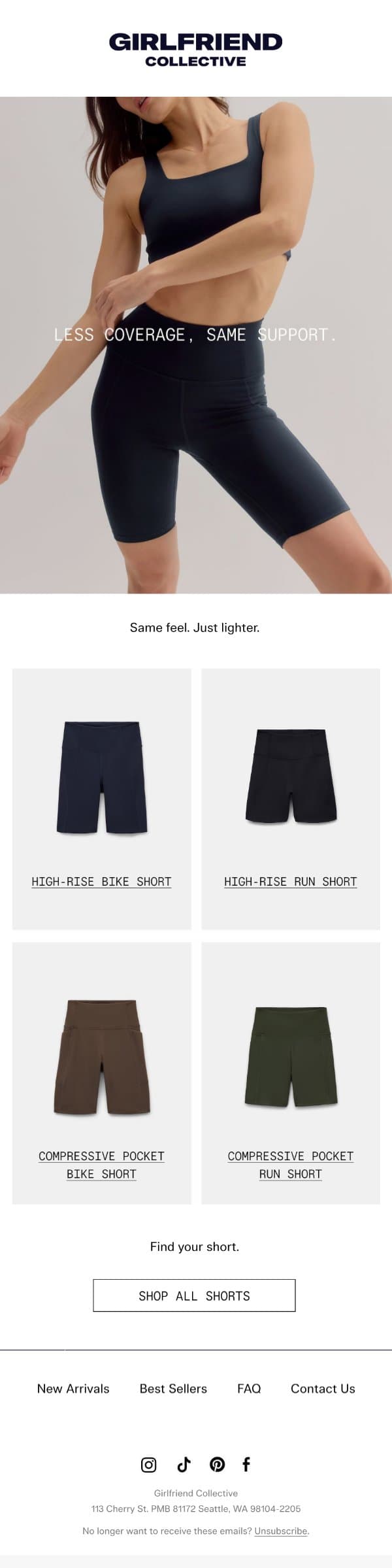 Less coverage, same support email from Girlfriend Collective screenshot