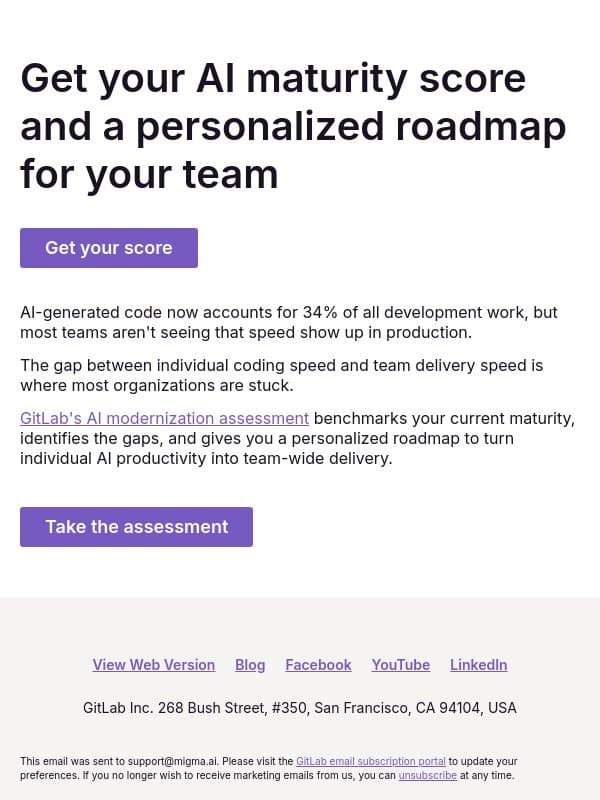 AI maturity assessment: know where your team stands email from GitLab