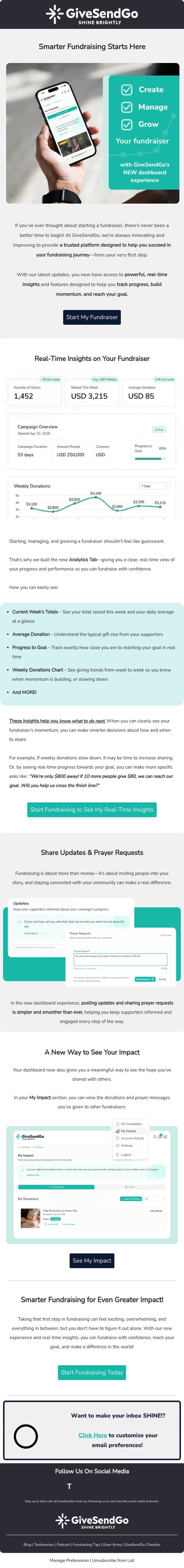 Thinking about starting a fundraiser? Try out our NEW dashboard experience! email from GiveSendGo screenshot