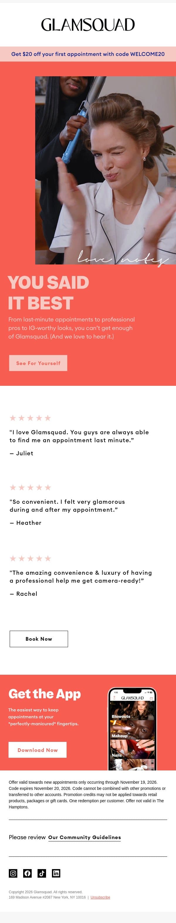 Not us blushing over these reviews email from GlamSquad screenshot