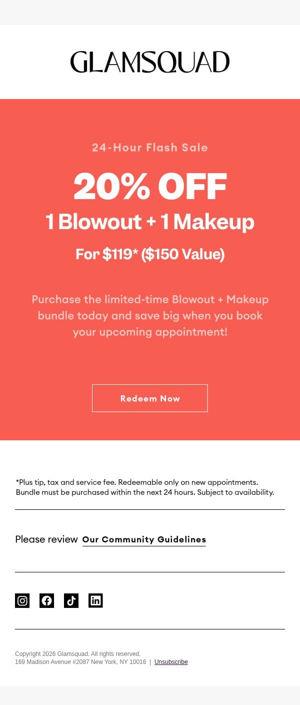 Flash Sale! Save 20% on Blowout + Makeup email from GlamSquad screenshot