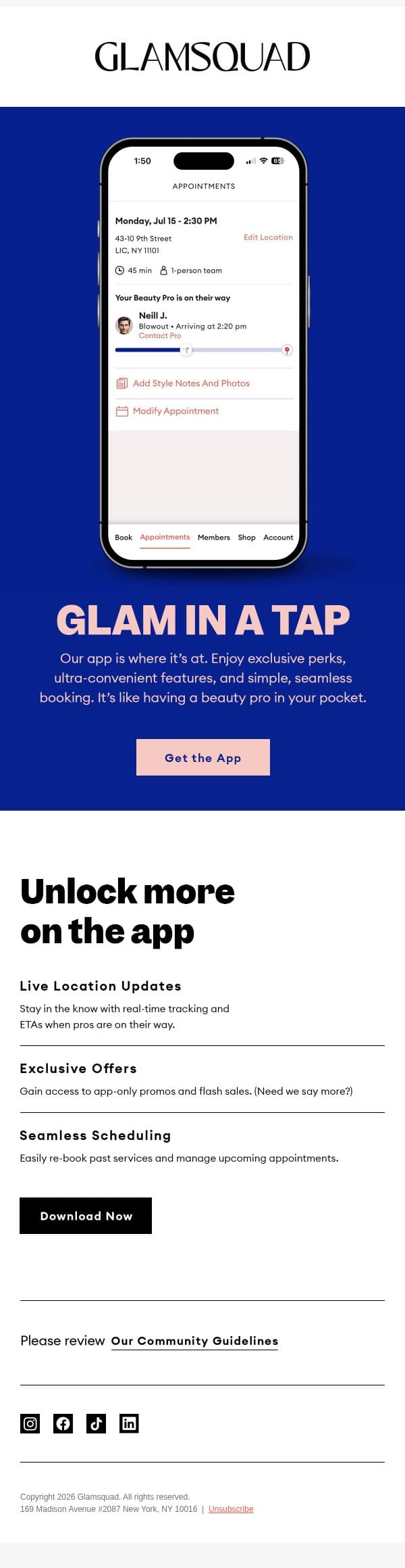 Book Glam on the Go✨ email from GlamSquad screenshot