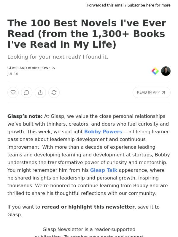 The 100 Best Novels I've Ever Read (from the 1,300+ Books I've Read in My Life) email from Glasp