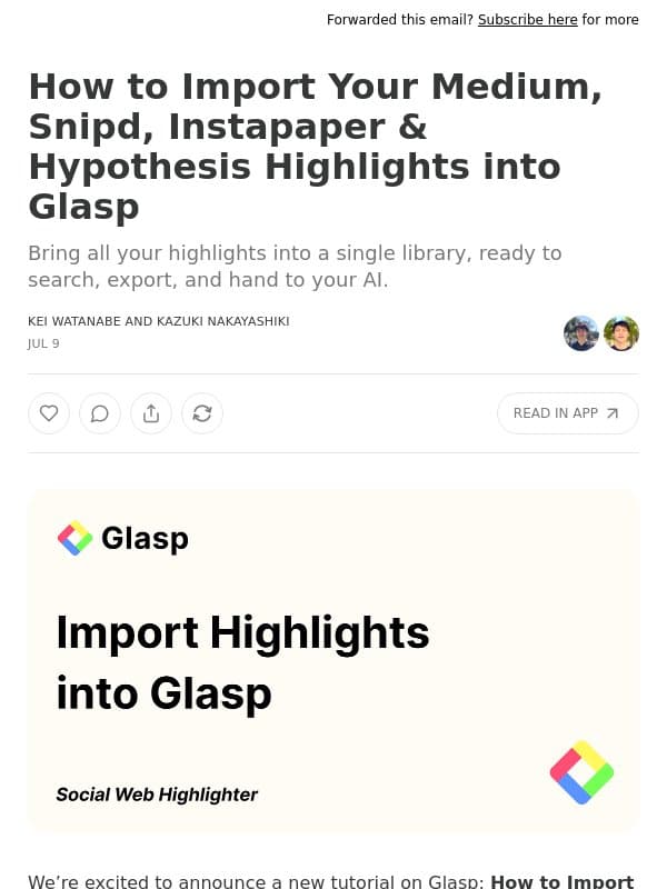 How to Import Your Medium, Snipd, Instapaper & Hypothesis Highlights into Glasp email from Glasp