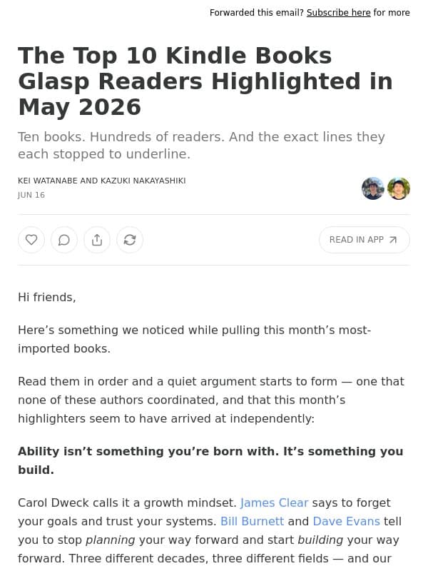 The Top 10 Kindle Books Glasp Readers Highlighted in May 2026 email from Glasp