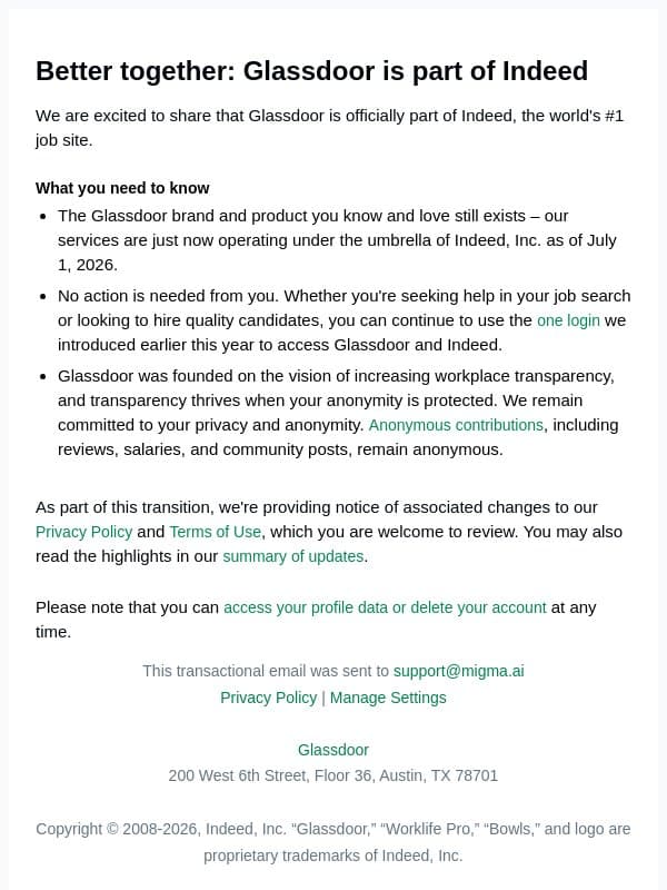 Glassdoor is now part of Indeed email from Glassdoor