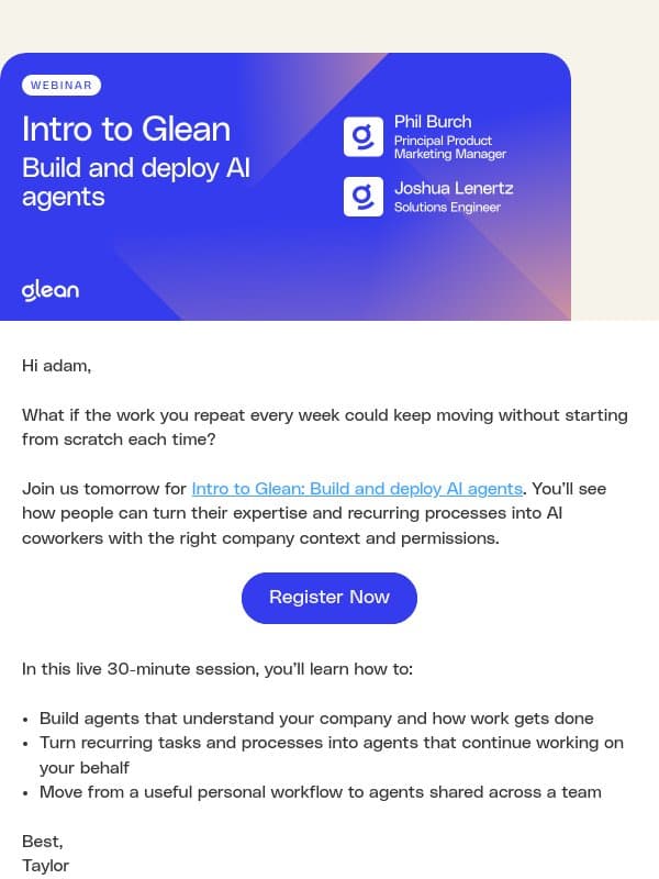 Webinar tomorrow: Turn recurring work into AI agents email from Glean.io
