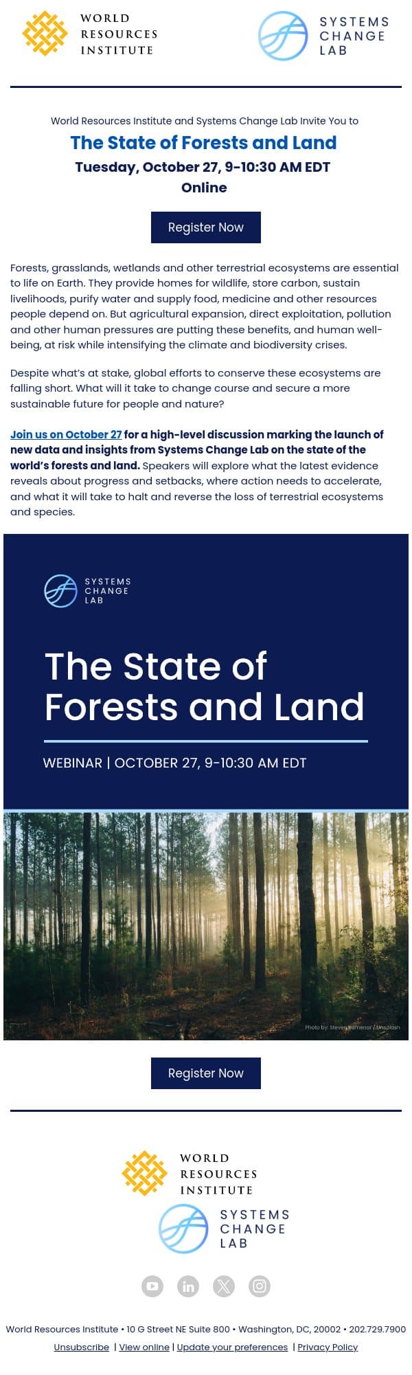 Register Now: The State of Forests and Land Webinar email from Global Forest Watch screenshot