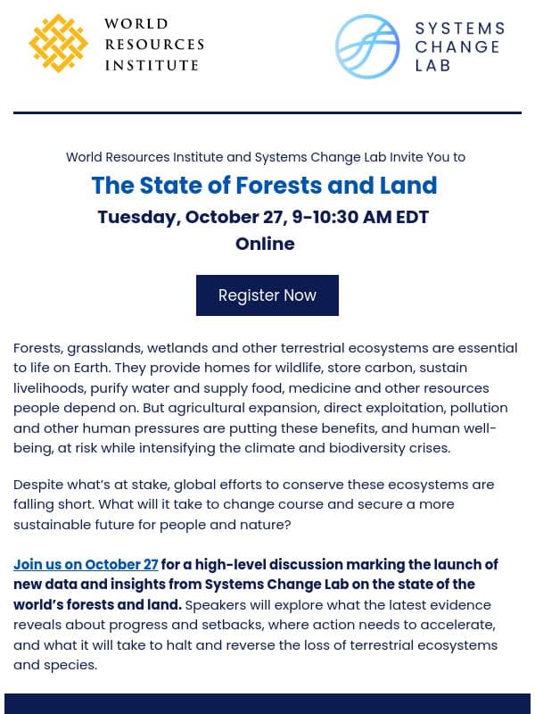 Register Now: The State of Forests and Land Webinar email from Global Forest Watch