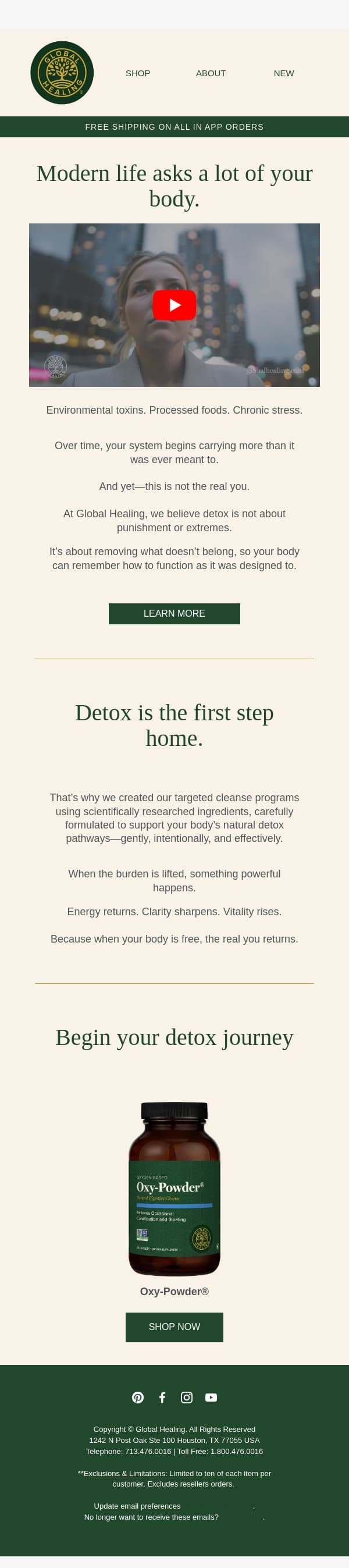 Begin the Journey Back to Yourself email from Global Healing Center screenshot