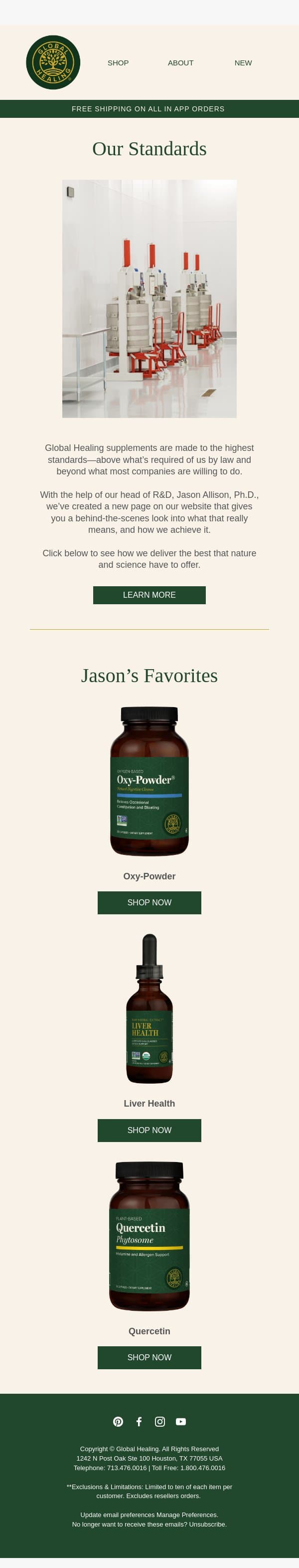 What goes into making supplements? email from Global Healing Center screenshot