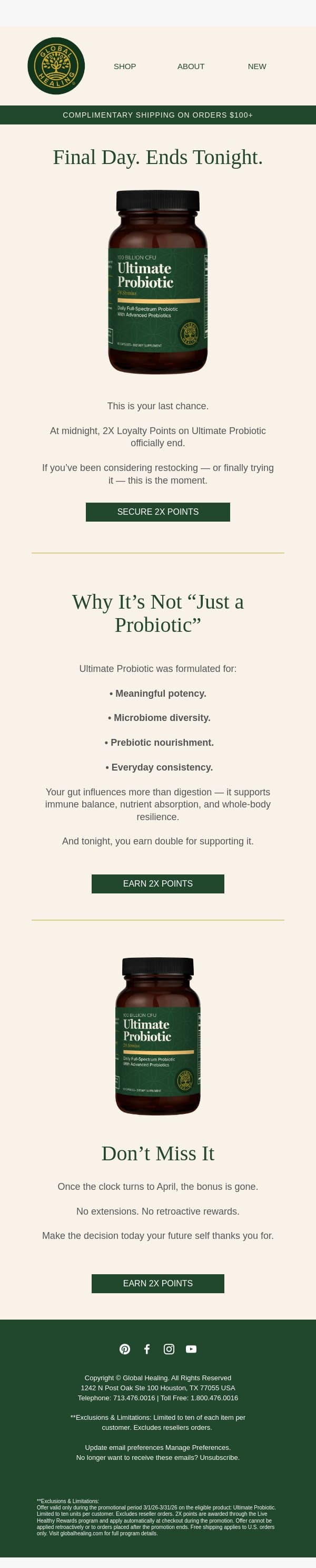 Last Chance for Double Rewards email from Global Healing Center screenshot
