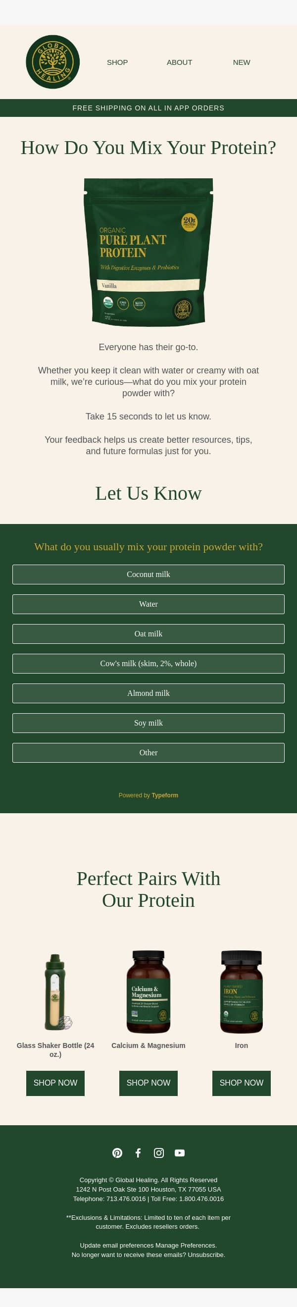 Quick poll: How do you mix your protein? email from Global Healing Center screenshot