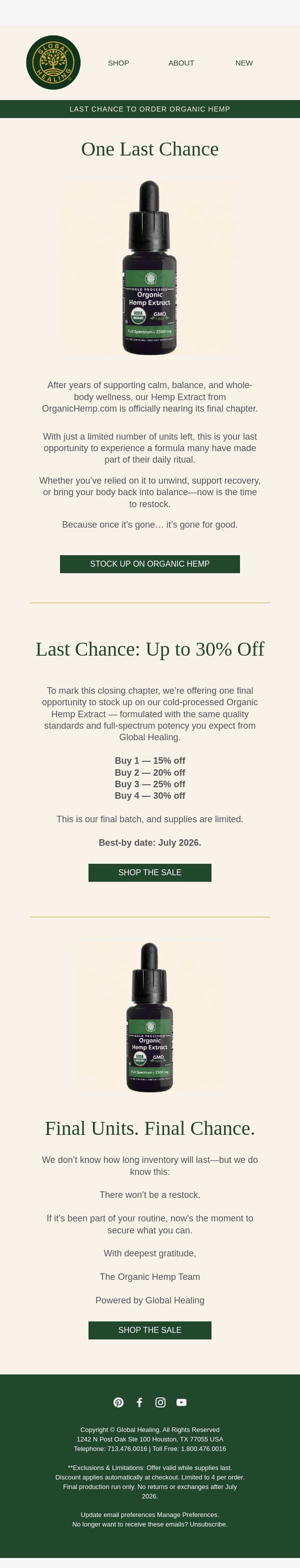 Last Chance: Hemp Is Almost Gone 🌿 email from Global Healing Center screenshot
