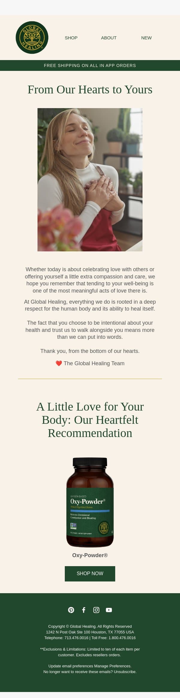 Happy Valentine’s Day email from Global Healing Center screenshot