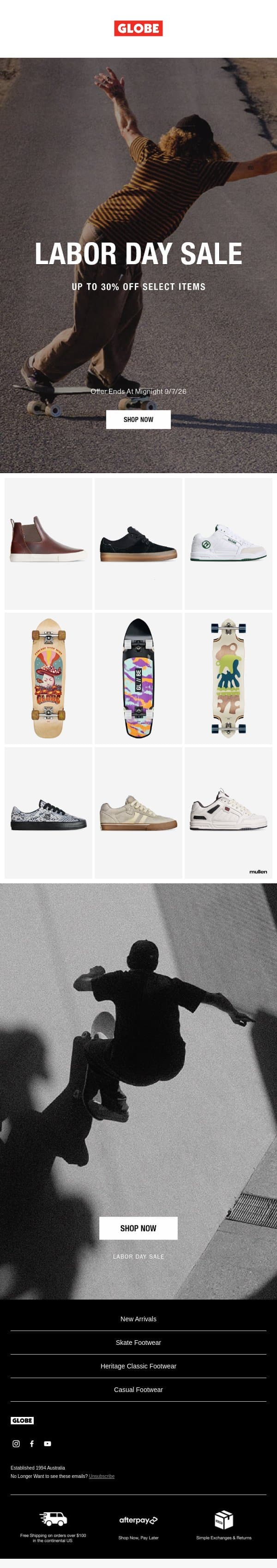 Last Call! 30% Off Select Items | Labor Day Sale email from Globe Brand screenshot