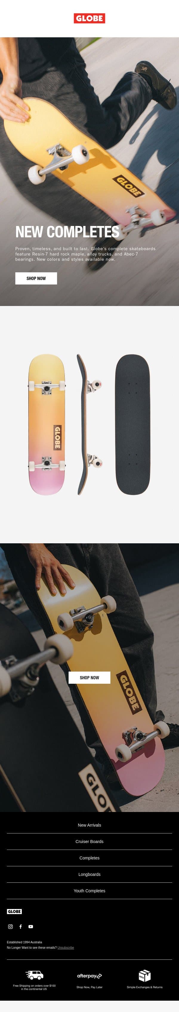 New Complete Skateboards Just Dropped email from Globe Brand screenshot