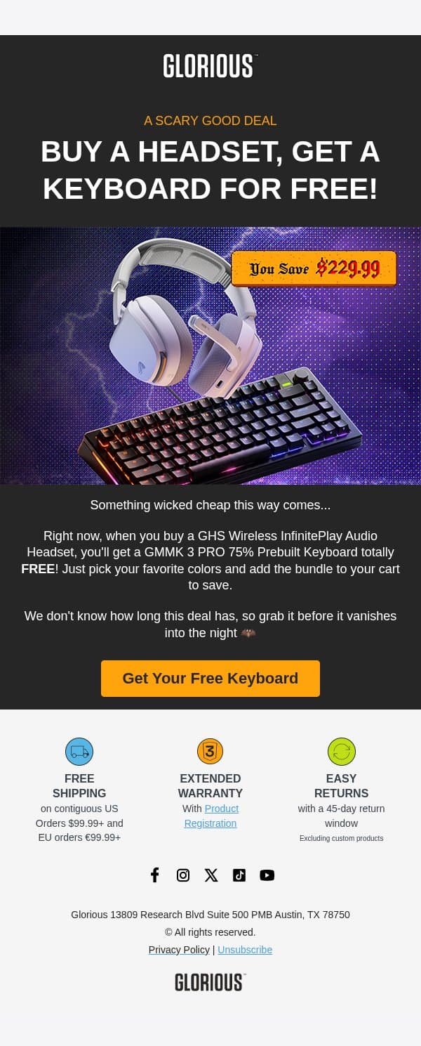 Buy a Headset, Get a Keyboard for FREE email from Glorious PC Gaming Race screenshot