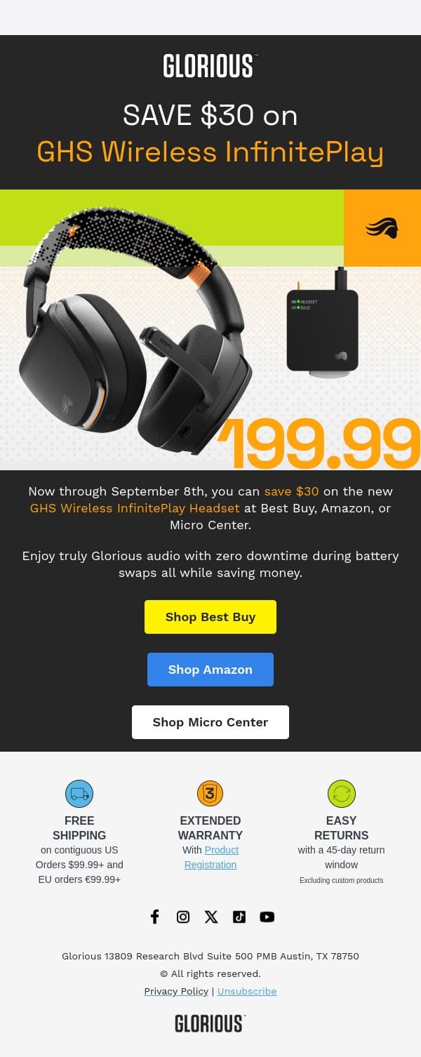 Save $30 on GHS Wireless InfinitePlay 🎧 email from Glorious PC Gaming Race screenshot