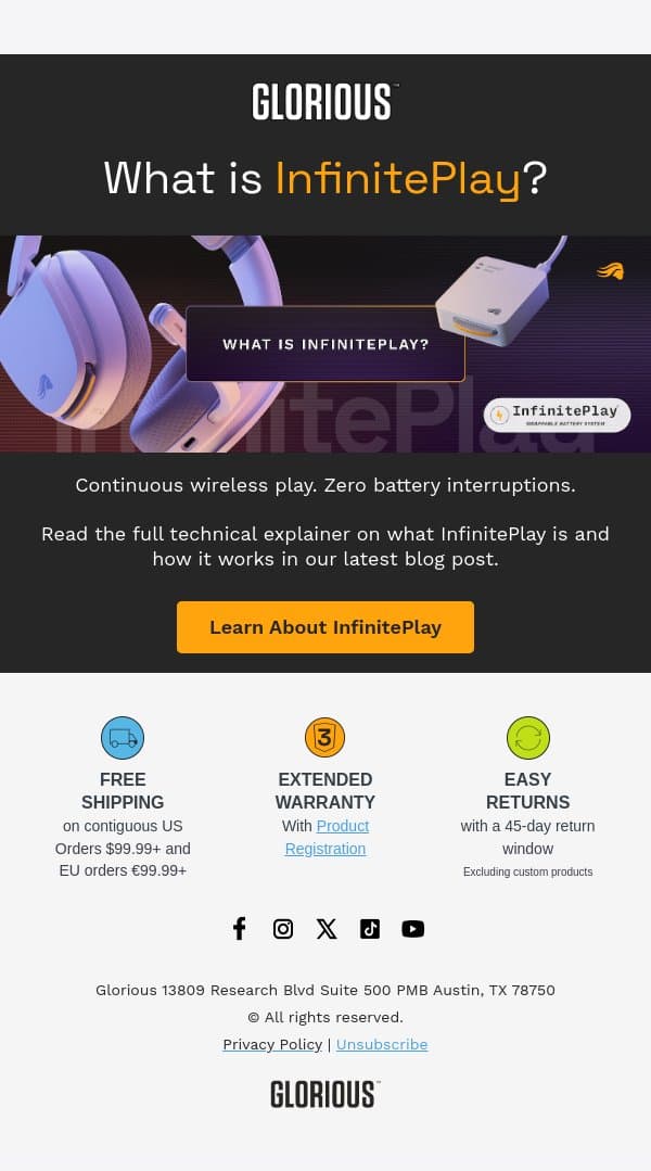 Explore InfinitePlay Technology email from Glorious PC Gaming Race screenshot