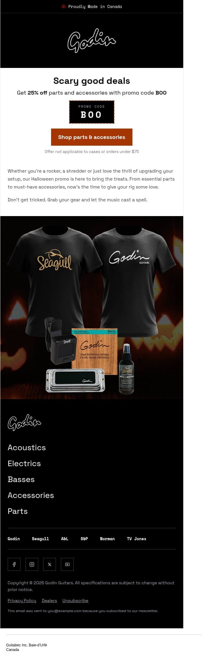 Boo! Last day before Halloween: 25% off parts and accessories π email from Godin Guitars screenshot
