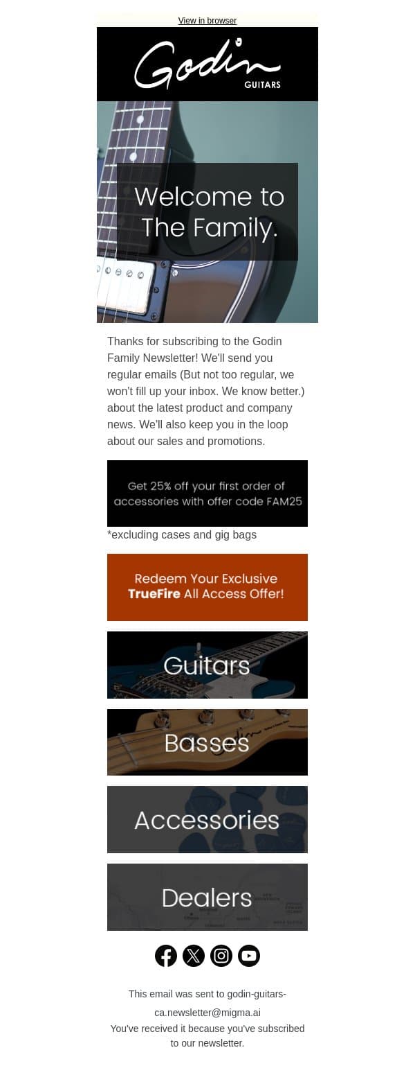 Welcome To The Family email from Godin Guitars screenshot