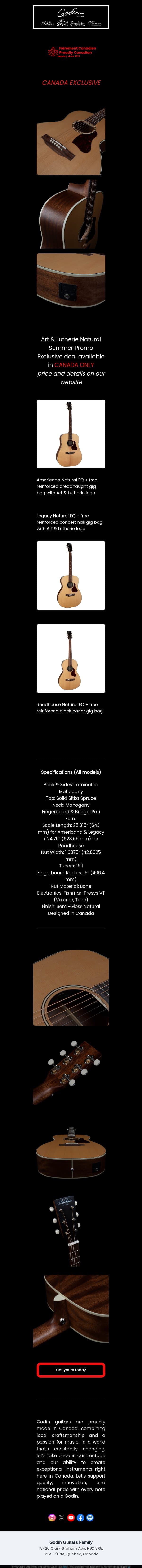 π¨ Summer Sale Ends Monday, August 31st! email from Godin Guitars screenshot