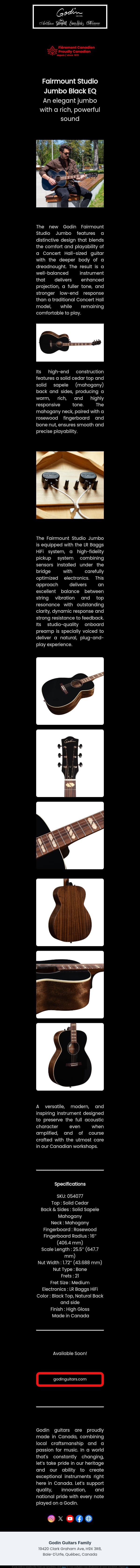 NEW : Fairmount Studio Jumbo Black EQ! email from Godin Guitars screenshot