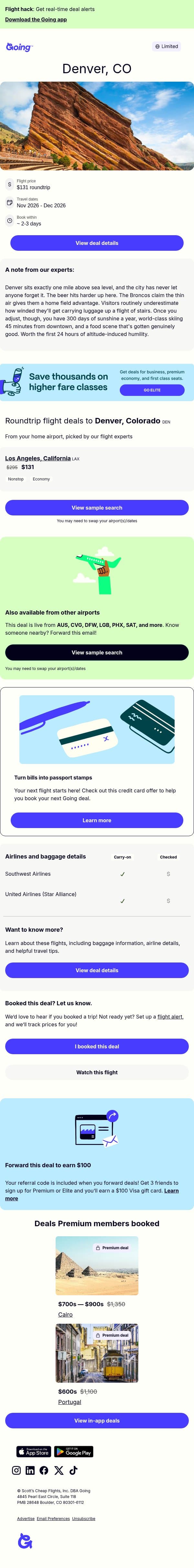 ⛰️ Denver — $131 (Nov-Dec) email from Going screenshot