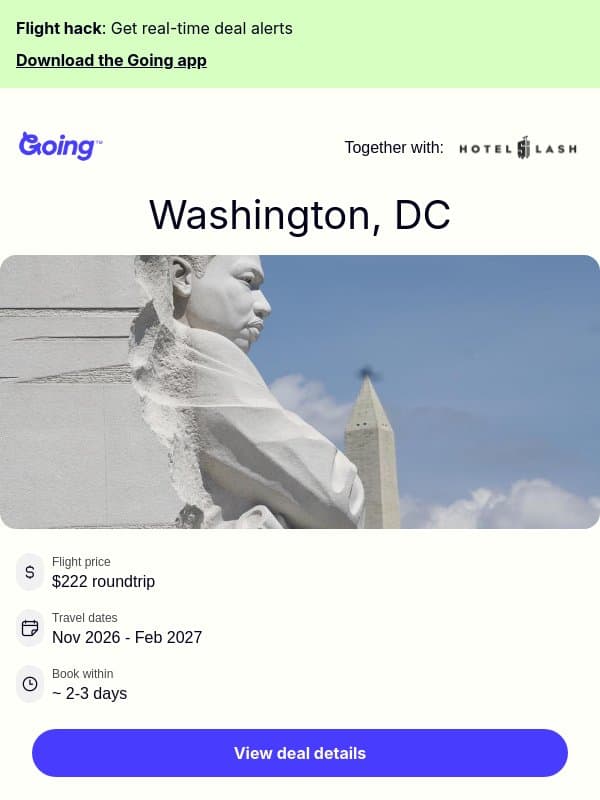 🏛️ Washington, DC — $222 (Nov-Feb) email from Going