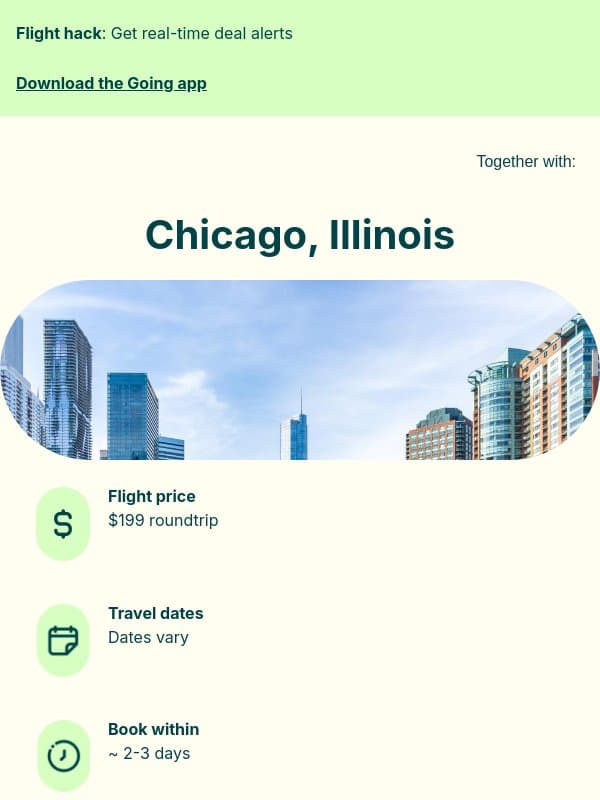 🌭 Chicago — $199 (May-Jun / Aug-Sep) email from Going