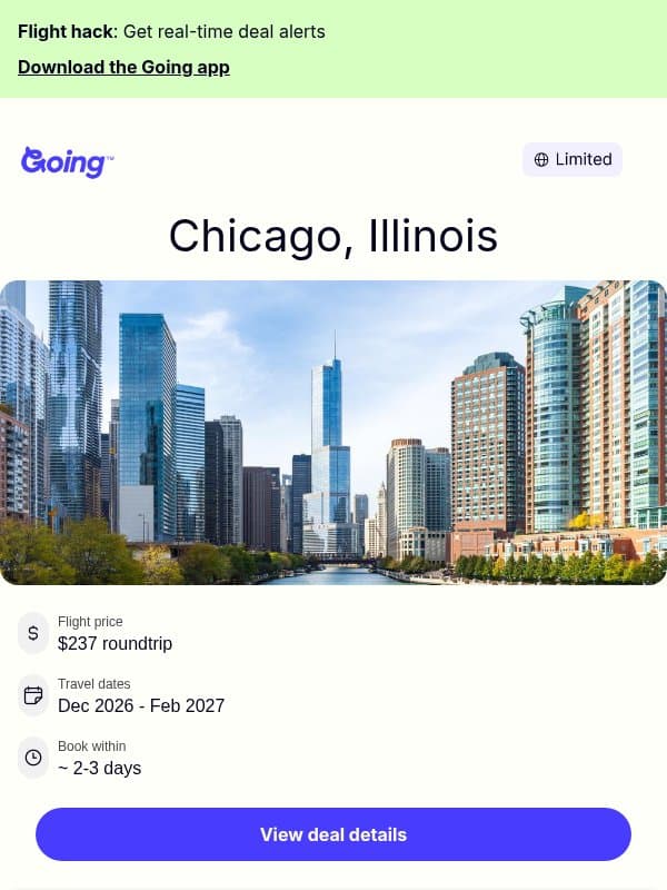 🌭 Chicago — $237 (Dec-Feb) email from Going