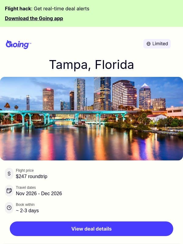 ⚾ Tampa — $247 (Nov-Dec) email from Going