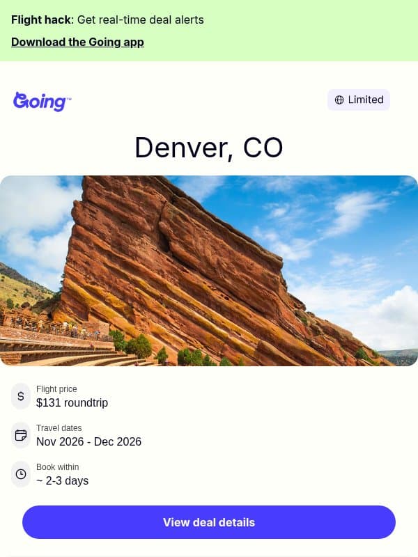 ⛰️ Denver — $131 (Nov-Dec) email from Going